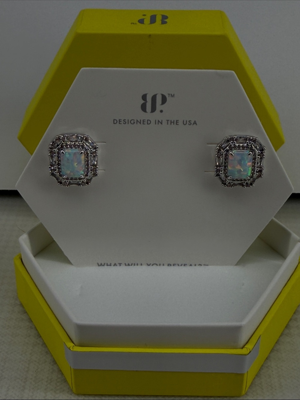 Bomb Party Desiree lab grown Opal Stud Earrings in rhodium plating NIB
